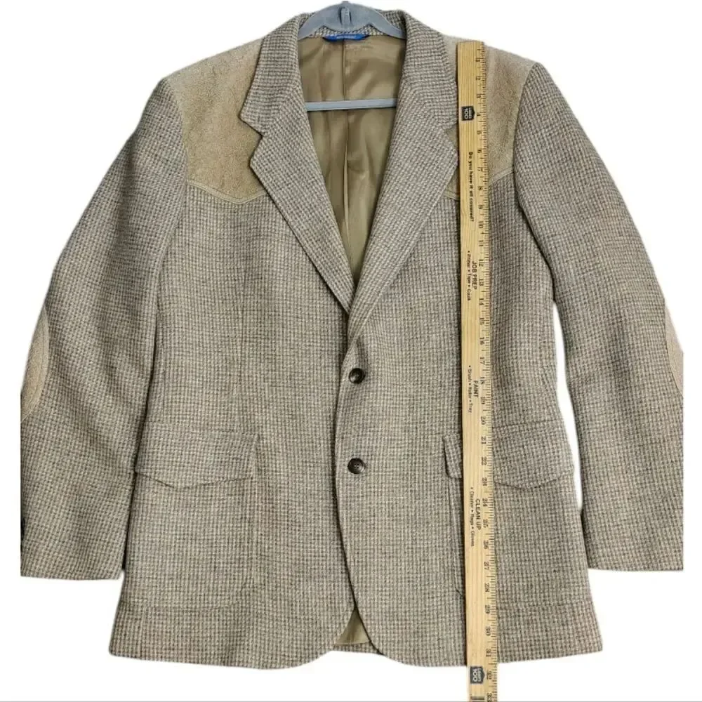 Pendleton Beige Houndstooth Blazer With Leather Accents Elbows Size 44L